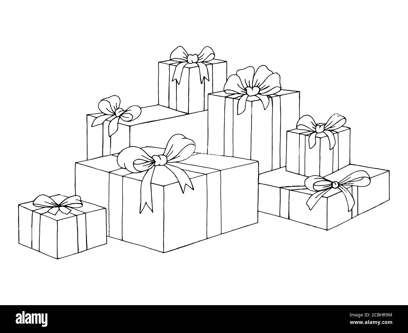 Bündel Geschenk-Box Geschenke mit Bögen Grafik Kunst schwarz Vektor für weiße isolierte Skizzendarstellung Stock Vektor