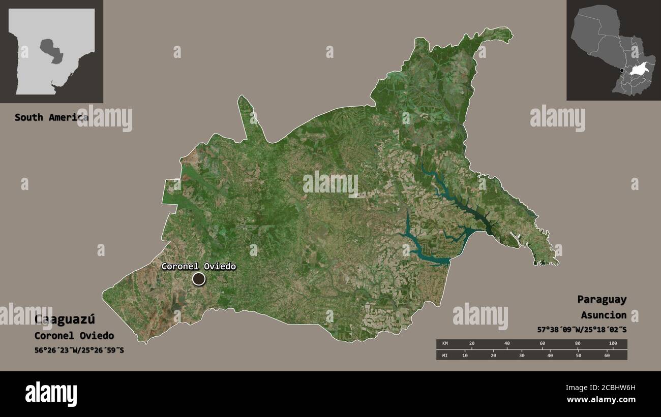 Form von Caaguazú, Department of Paraguay, und seine Hauptstadt. Entfernungsskala, Vorschauen und Beschriftungen. Satellitenbilder. 3D-Rendering Stockfoto