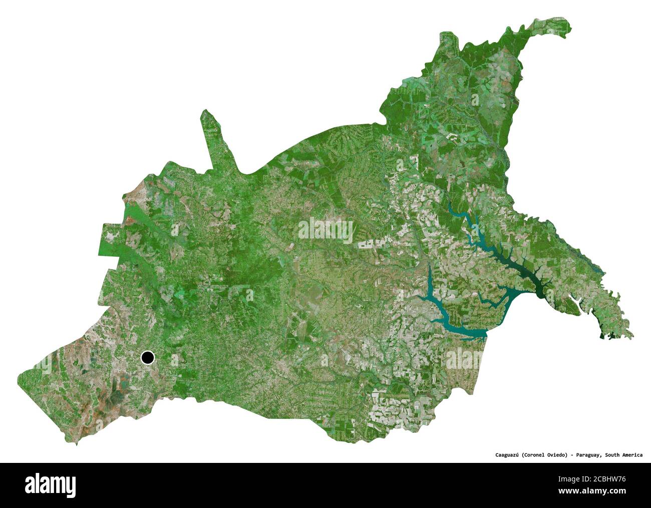 Form von Caaguazú, Department of Paraguay, mit seiner Hauptstadt isoliert auf weißem Hintergrund. Satellitenbilder. 3D-Rendering Stockfoto
