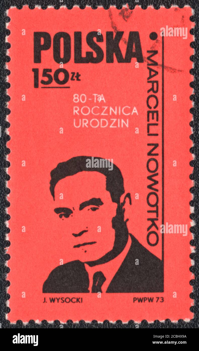 Briefmarke. Marceli Nowotko (80. Jahrestag der Geburt). Polnischer Kommunist und erster Sekretär der PPR. Wurde am 28. November 1942, Polan getötet Stockfoto