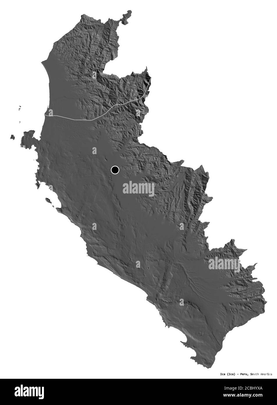 Form von Ica, Region von Peru, mit seiner Hauptstadt isoliert auf weißem Hintergrund. Höhenkarte mit zwei Ebenen. 3D-Rendering Stockfoto