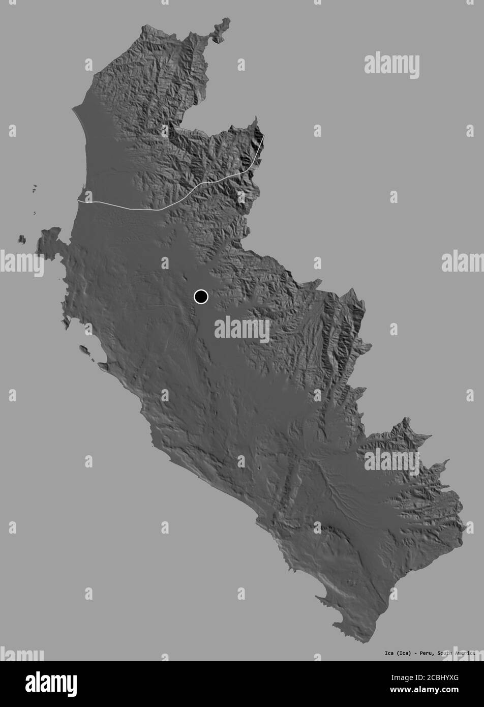 Form von Ica, Region Peru, mit seiner Hauptstadt isoliert auf einem einfarbigen Hintergrund. Höhenkarte mit zwei Ebenen. 3D-Rendering Stockfoto