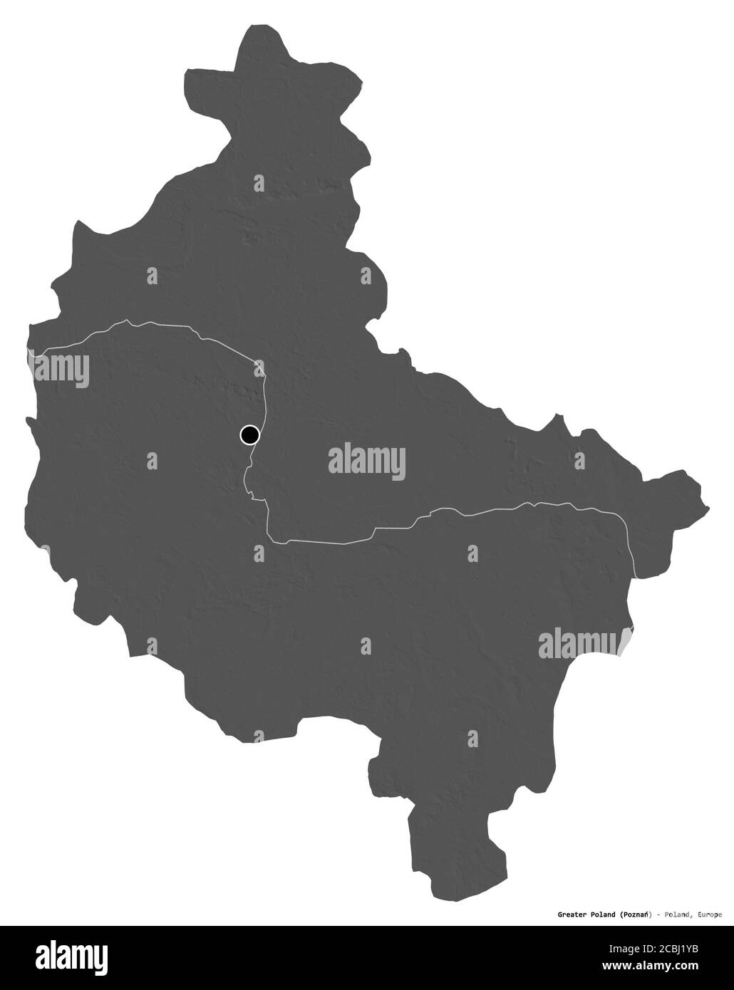 Form von Großpolen, woiwodschaft Polen, mit seiner Hauptstadt isoliert auf weißem Hintergrund. Höhenkarte mit zwei Ebenen. 3D-Rendering Stockfoto Form von Großpolen, woiwodschaft Polen, mit seiner Hauptstadt isoliert auf weißem Hintergrund. Höhenkarte mit zwei Ebenen. 3D-Rendering Stockfoto
