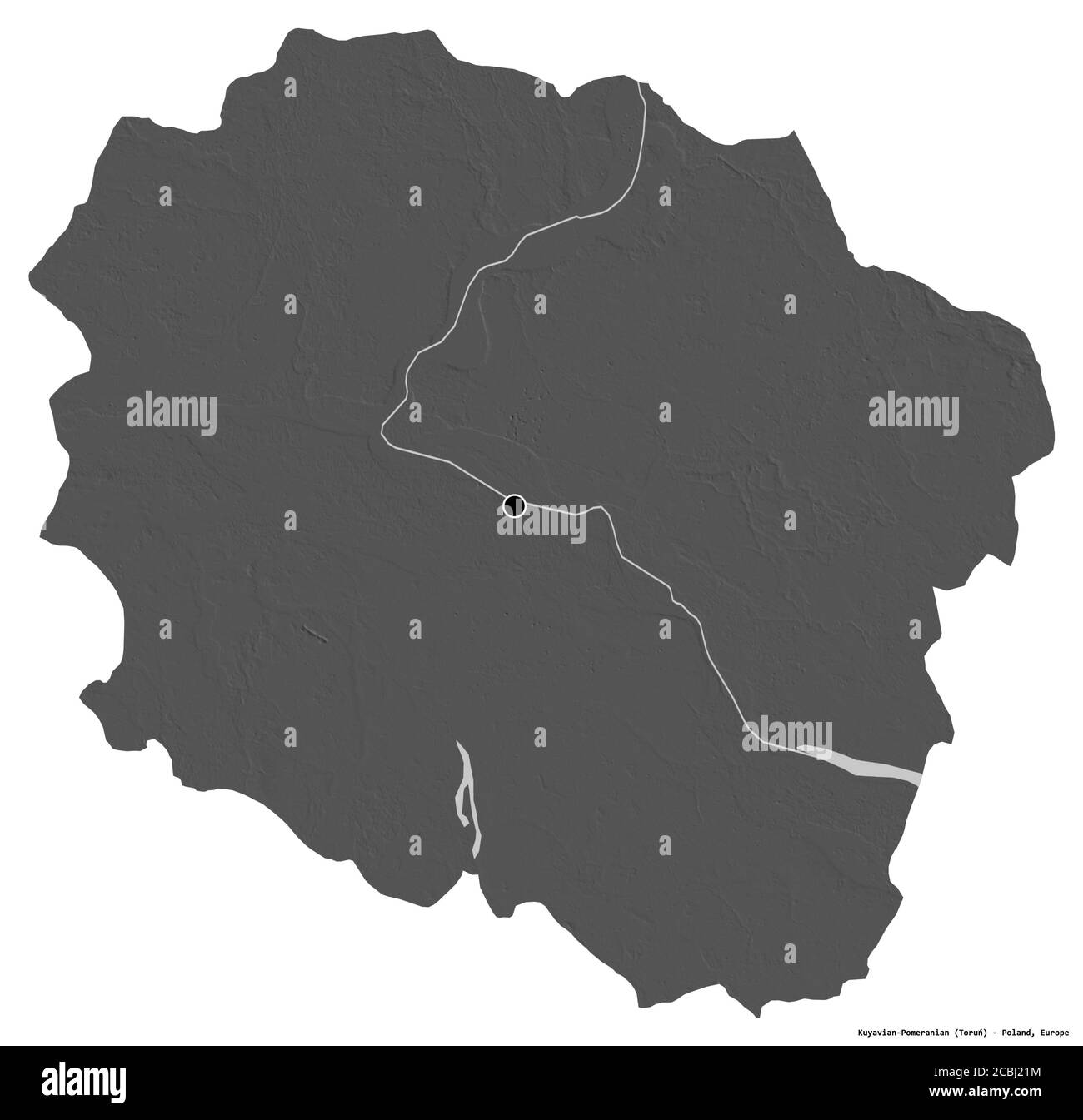 Form von Kujawien-Pommern, woiwodschaft Polen, mit seiner Hauptstadt isoliert auf weißem Hintergrund. Höhenkarte mit zwei Ebenen. 3D-Rendering Stockfoto