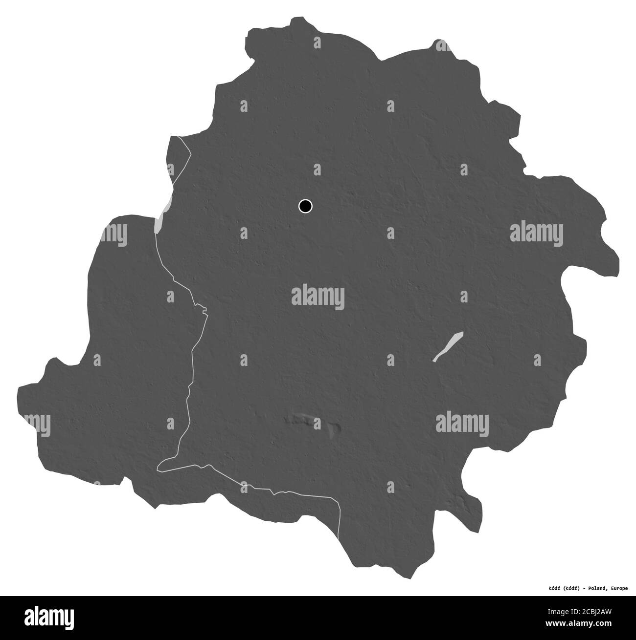 Form von Łódź, woiwodschaft Polen, mit seiner Hauptstadt isoliert auf weißem Hintergrund. Höhenkarte mit zwei Ebenen. 3D-Rendering Stockfoto