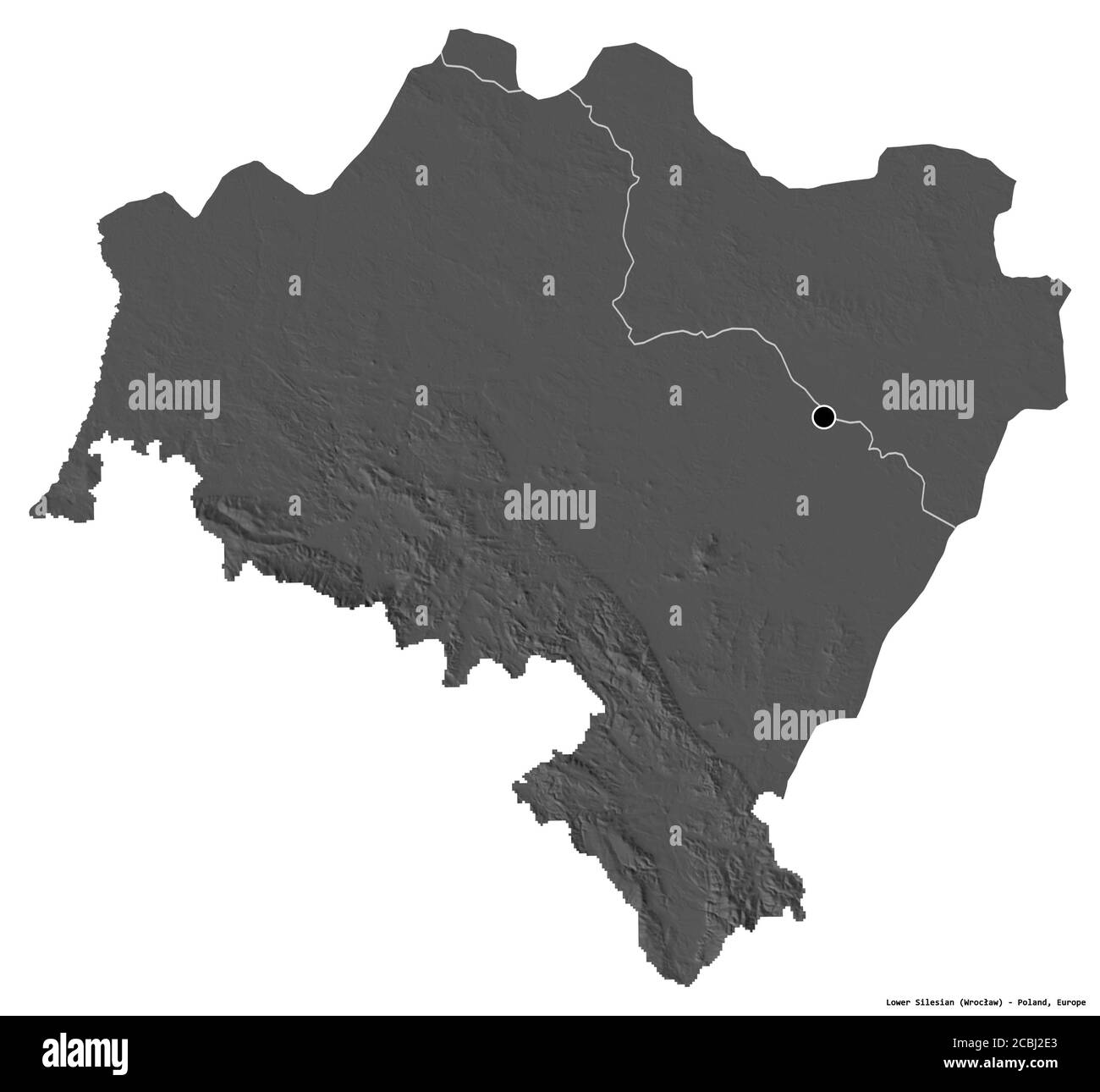 Form von Niederschlesien, woiwodschaft Polen, mit seiner Hauptstadt isoliert auf weißem Hintergrund. Höhenkarte mit zwei Ebenen. 3D-Rendering Stockfoto