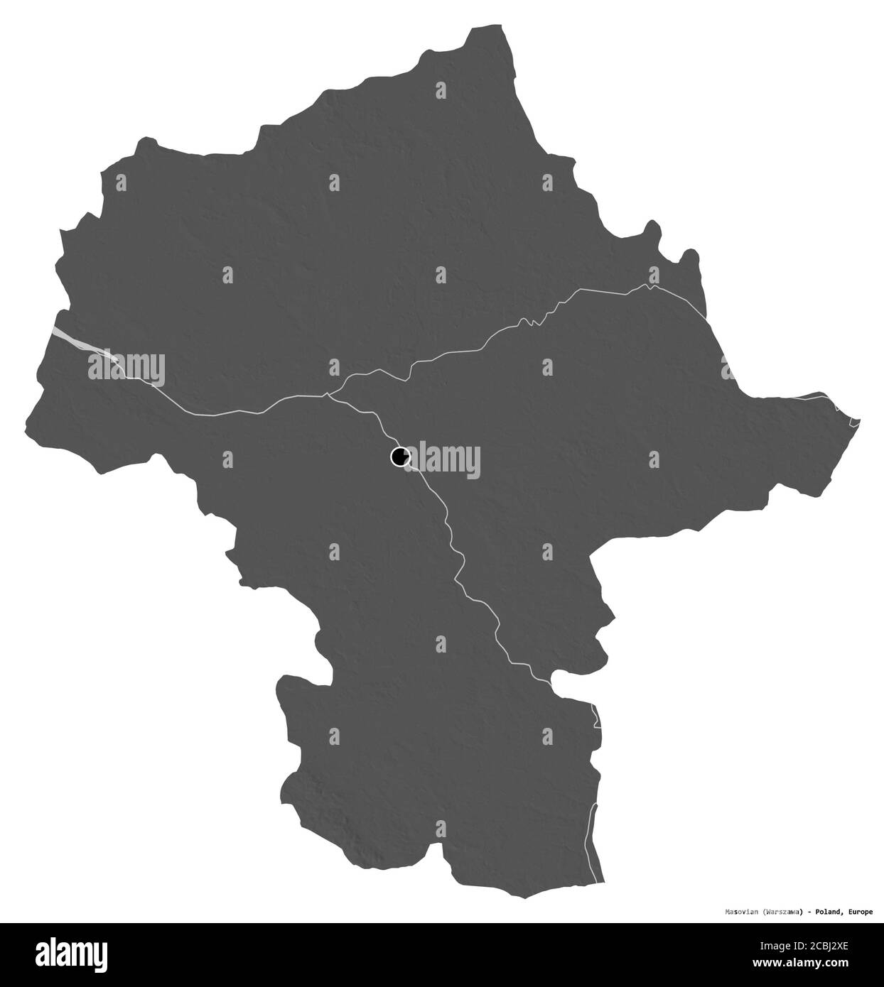 Form von Masowien, woiwodschaft Polen, mit seiner Hauptstadt isoliert auf weißem Hintergrund. Höhenkarte mit zwei Ebenen. 3D-Rendering Stockfoto