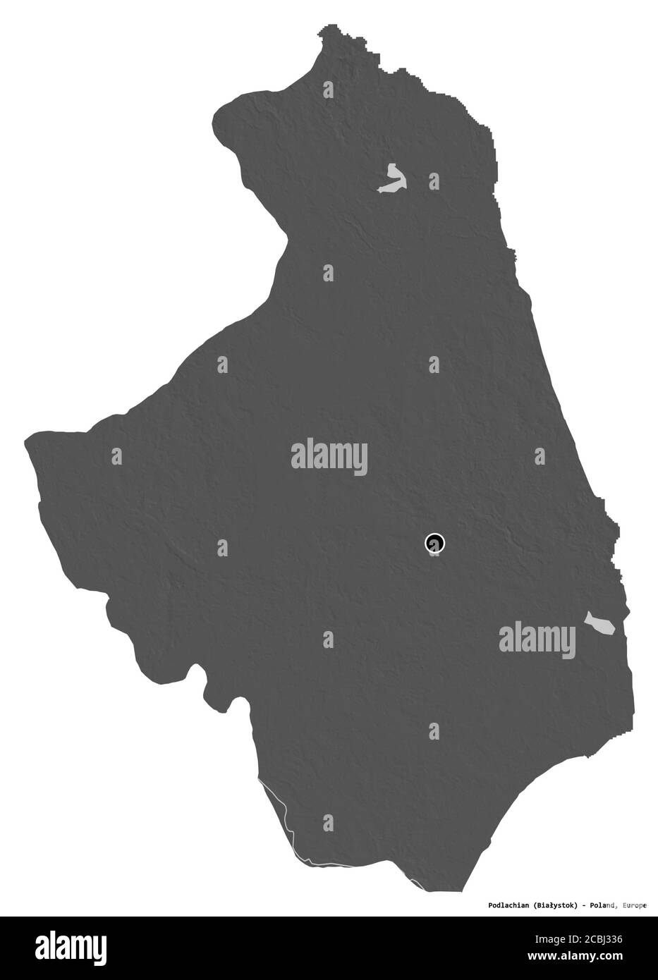 Form von Podlachian, woiwodschaft Polen, mit seiner Hauptstadt isoliert auf weißem Hintergrund. Höhenkarte mit zwei Ebenen. 3D-Rendering Stockfoto