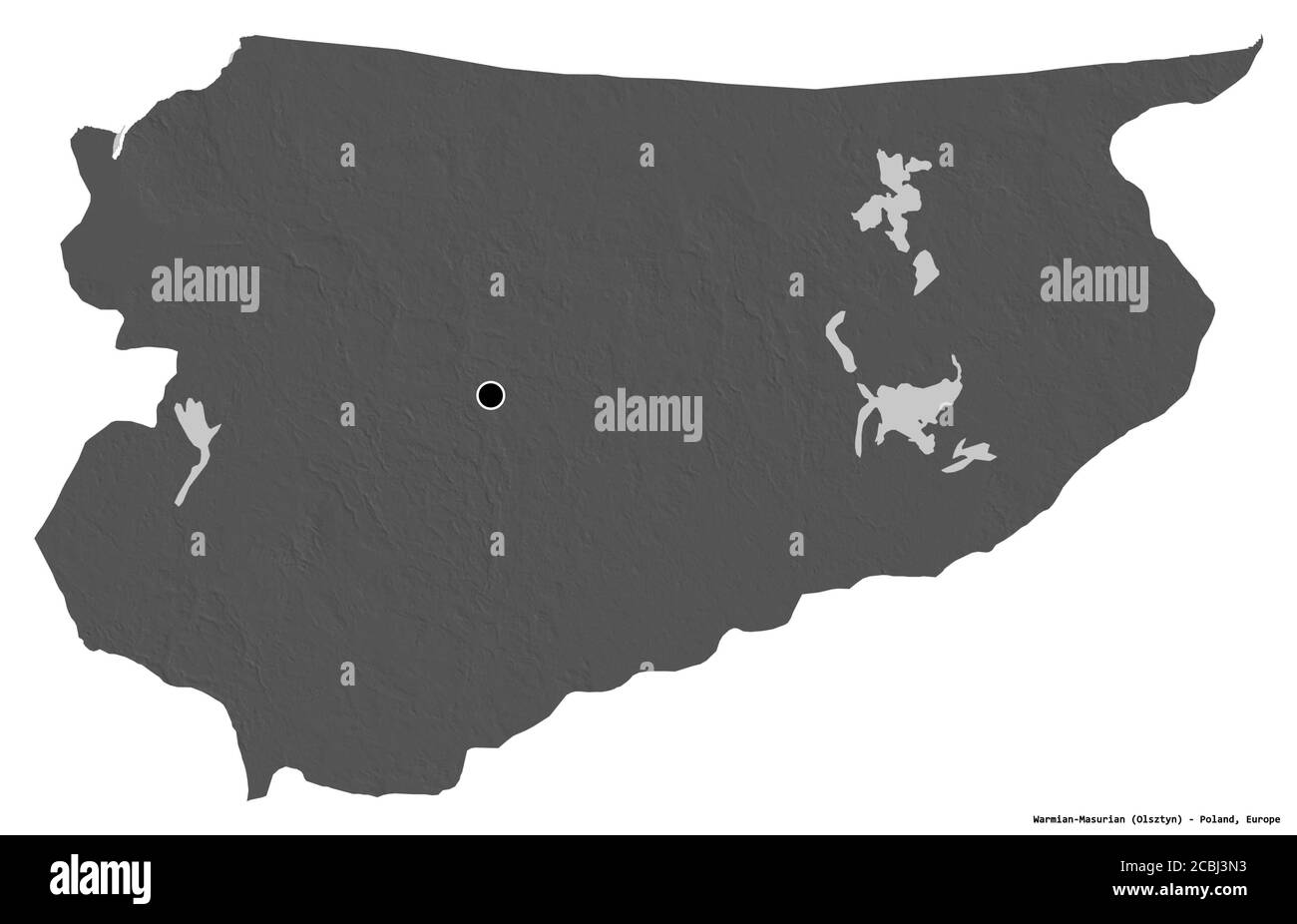 Form der Warmian-Masuren, woiwodschaft Polen, mit seiner Hauptstadt isoliert auf weißem Hintergrund. Höhenkarte mit zwei Ebenen. 3D-Rendering Stockfoto