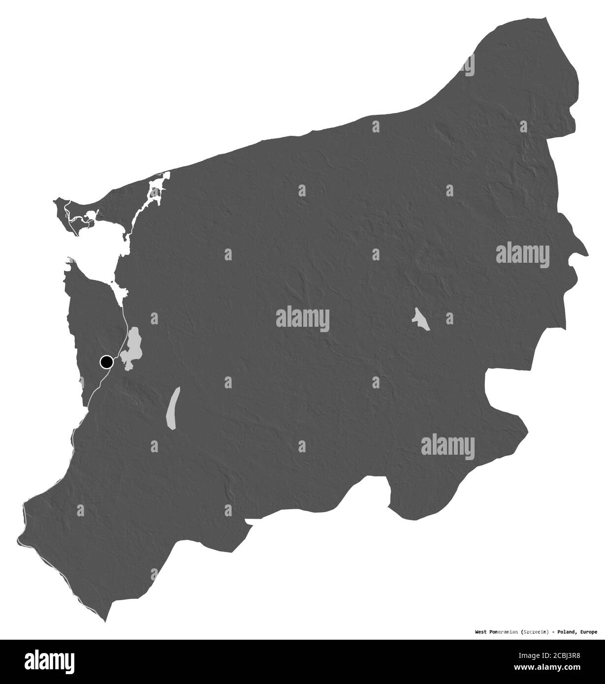 Form von Westpommern, woiwodschaft Polen, mit seiner Hauptstadt isoliert auf weißem Hintergrund. Höhenkarte mit zwei Ebenen. 3D-Rendering Stockfoto
