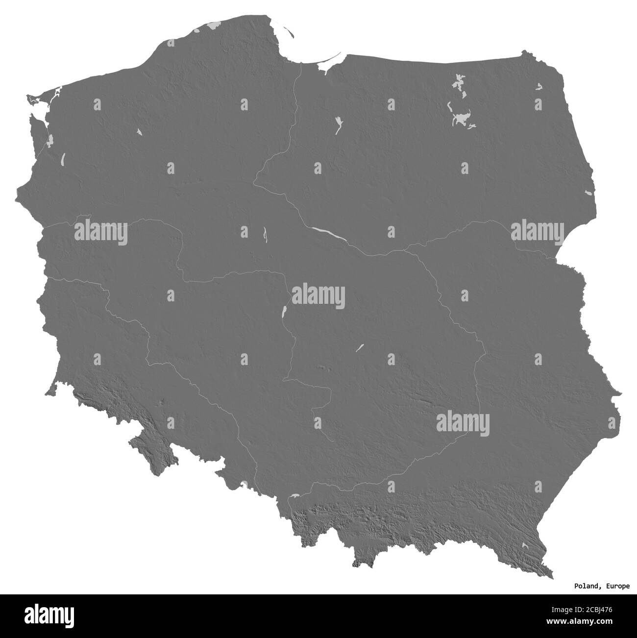 Form von Polen mit seiner Hauptstadt isoliert auf weißem Hintergrund. Höhenkarte mit zwei Ebenen. 3D-Rendering Stockfoto