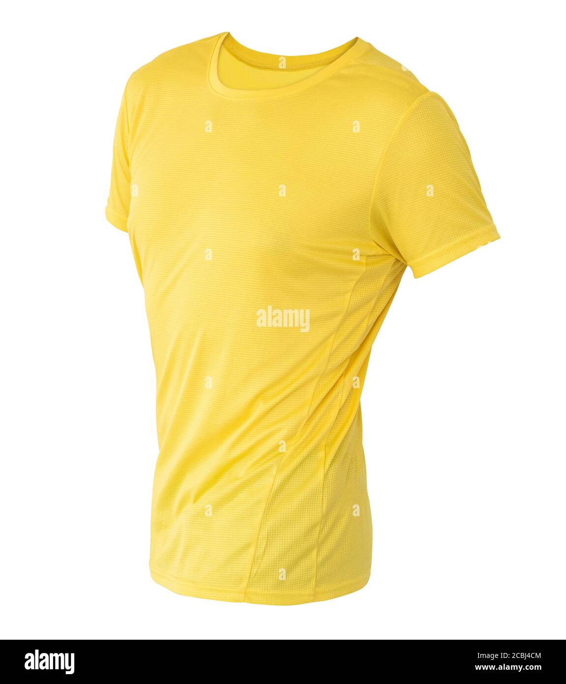 Gelbe T-Shirt-Vorlage auf unsichtbaren Schaufensterpuppe isoliert auf weißem Hintergrund, für Ihr Design Mockup Stockfoto