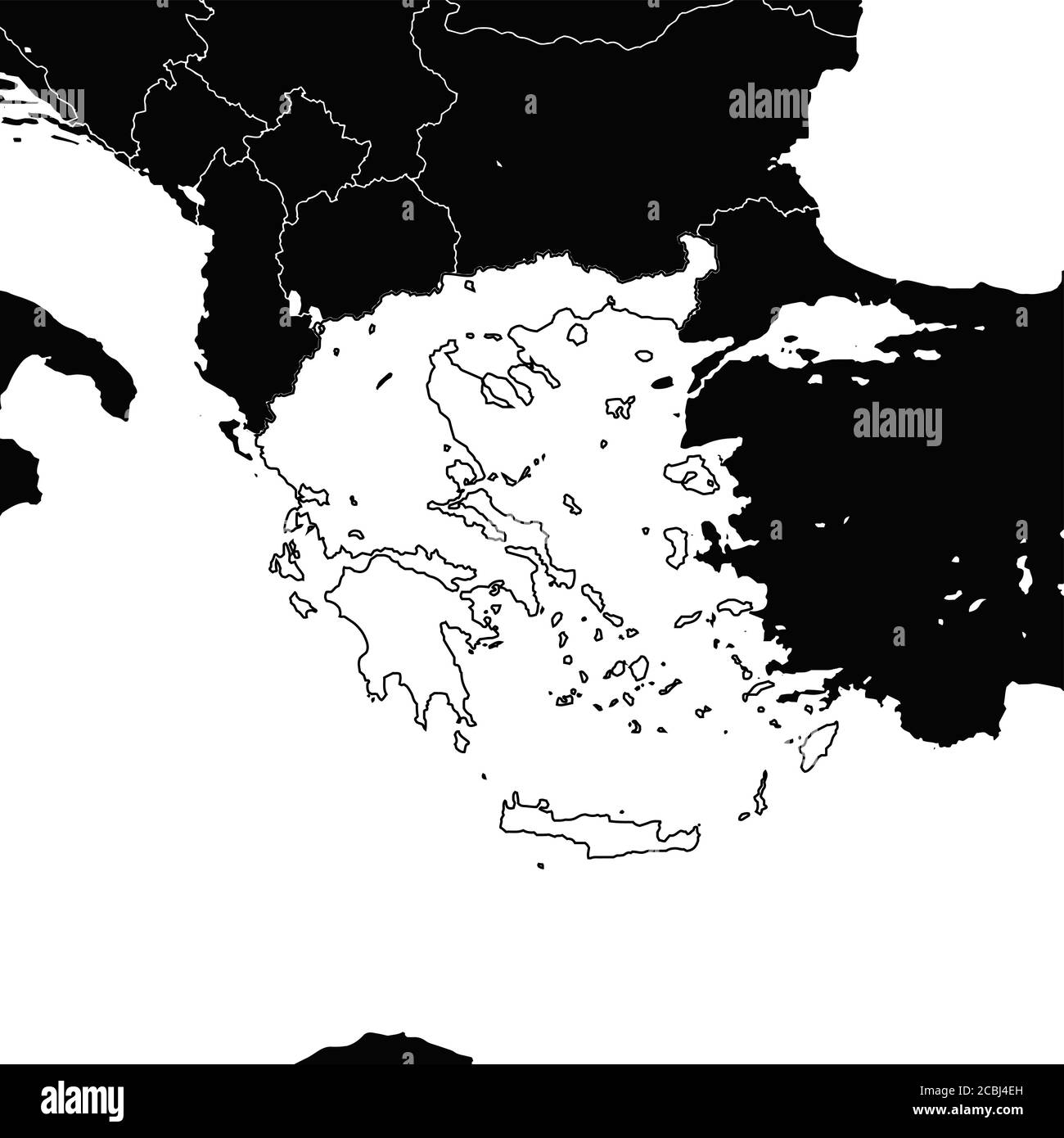 Griechenland-Karte. Schwarz-Weiß-Abbildung. Symbolzeichen für Druck und Beschriftung. Stock Vektor