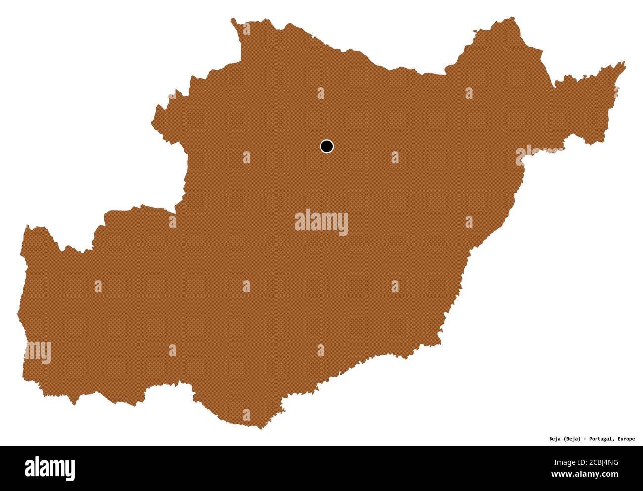 Form von Beja, Bezirk von Portugal, mit seiner Hauptstadt isoliert auf weißem Hintergrund. Komposition von gemusterten Texturen. 3D-Rendering Stockfoto