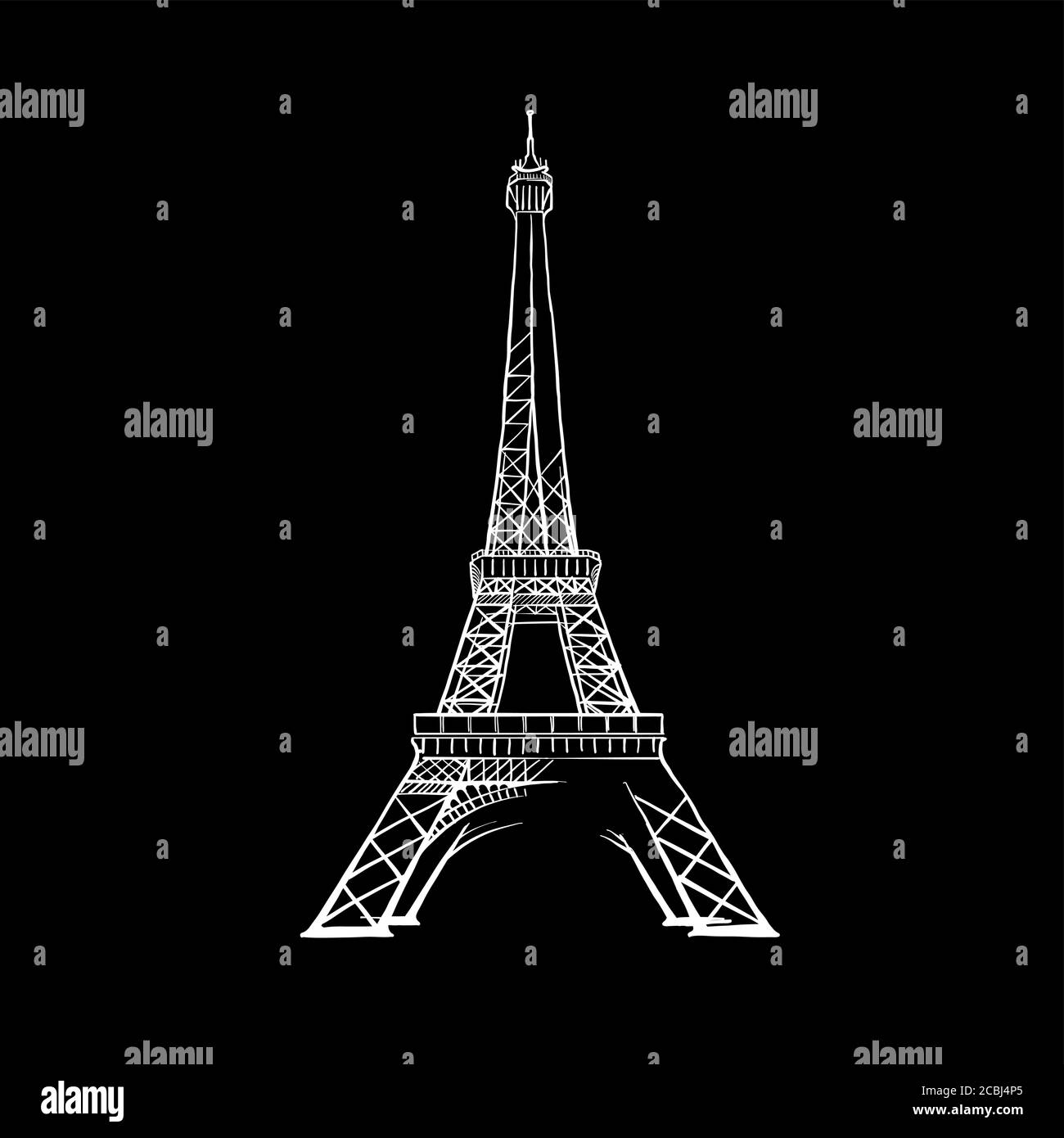 Paris Eiffelturm Zeichnung . Schwarz-weiß handgezeichnete Illustration. Symbolzeichen für Druck und Beschriftung. Stock Vektor