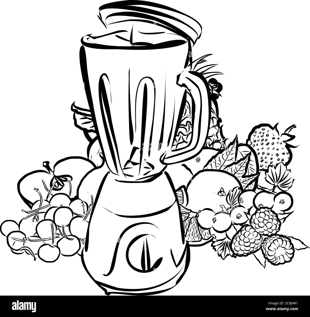 Saftige Früchte und Entsafter . Schwarz-weiß handgezeichnete Illustration. Symbolzeichen für Druck und Beschriftung. Stock Vektor