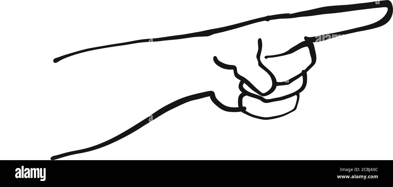 Zeigefinger und Hand . Schwarz-weiß handgezeichnete Illustration. Symbolzeichen für Druck und Beschriftung. Stock Vektor