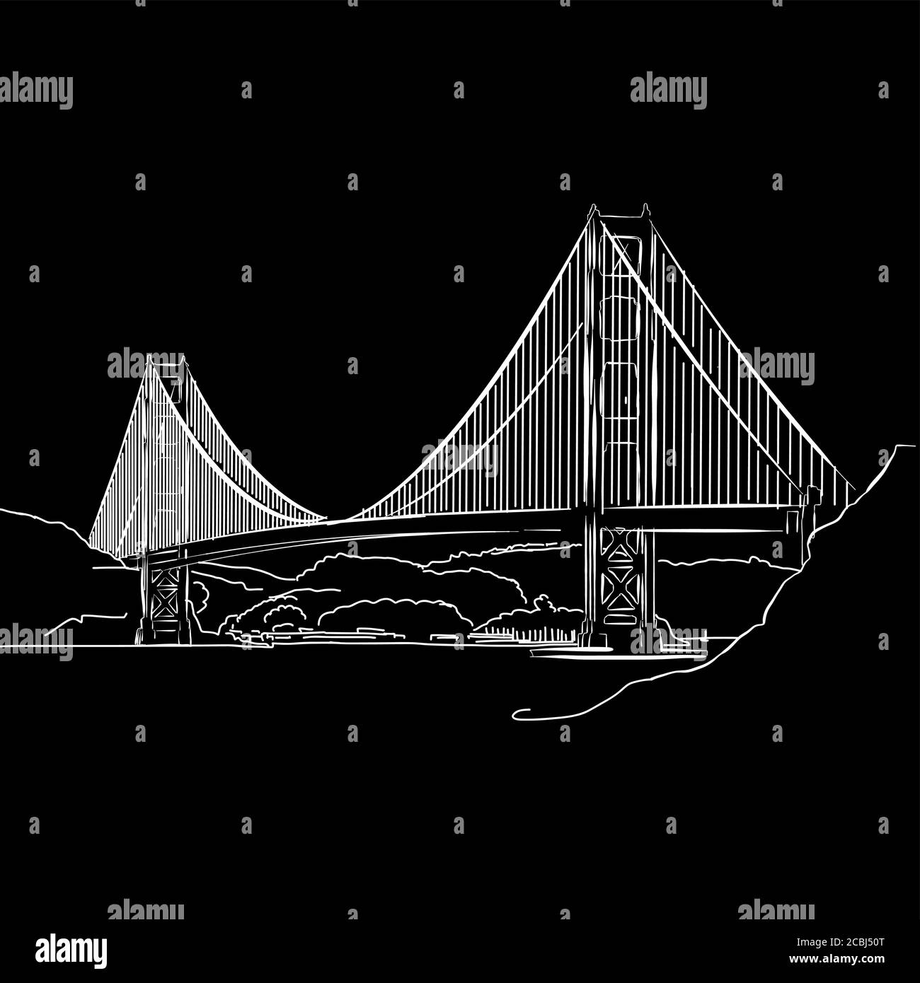 Golden Gate Bridge Zeichnung . Schwarz-weiß handgezeichnete Illustration. Symbolzeichen für Druck und Beschriftung. Stock Vektor