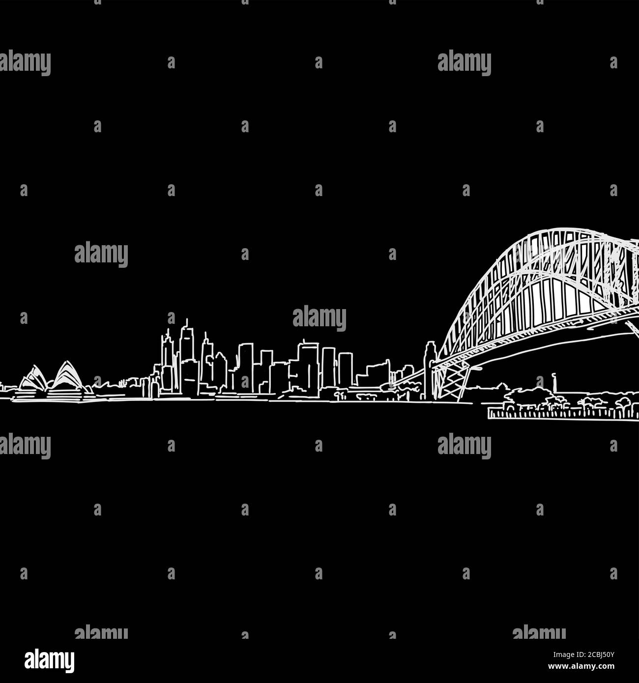 Sydney Skyline Zeichnung . Schwarz-weiß handgezeichnete Illustration. Symbolzeichen für Druck und Beschriftung. Stock Vektor