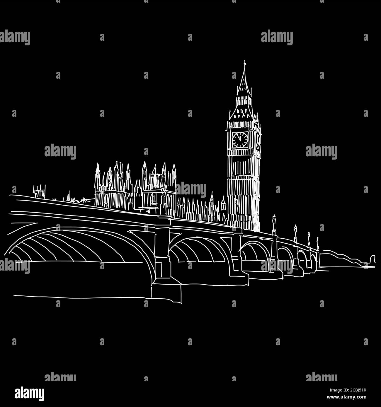 London Skyline Zeichnung . Schwarz-weiß handgezeichnete Illustration. Symbolzeichen für Druck und Beschriftung. Stock Vektor