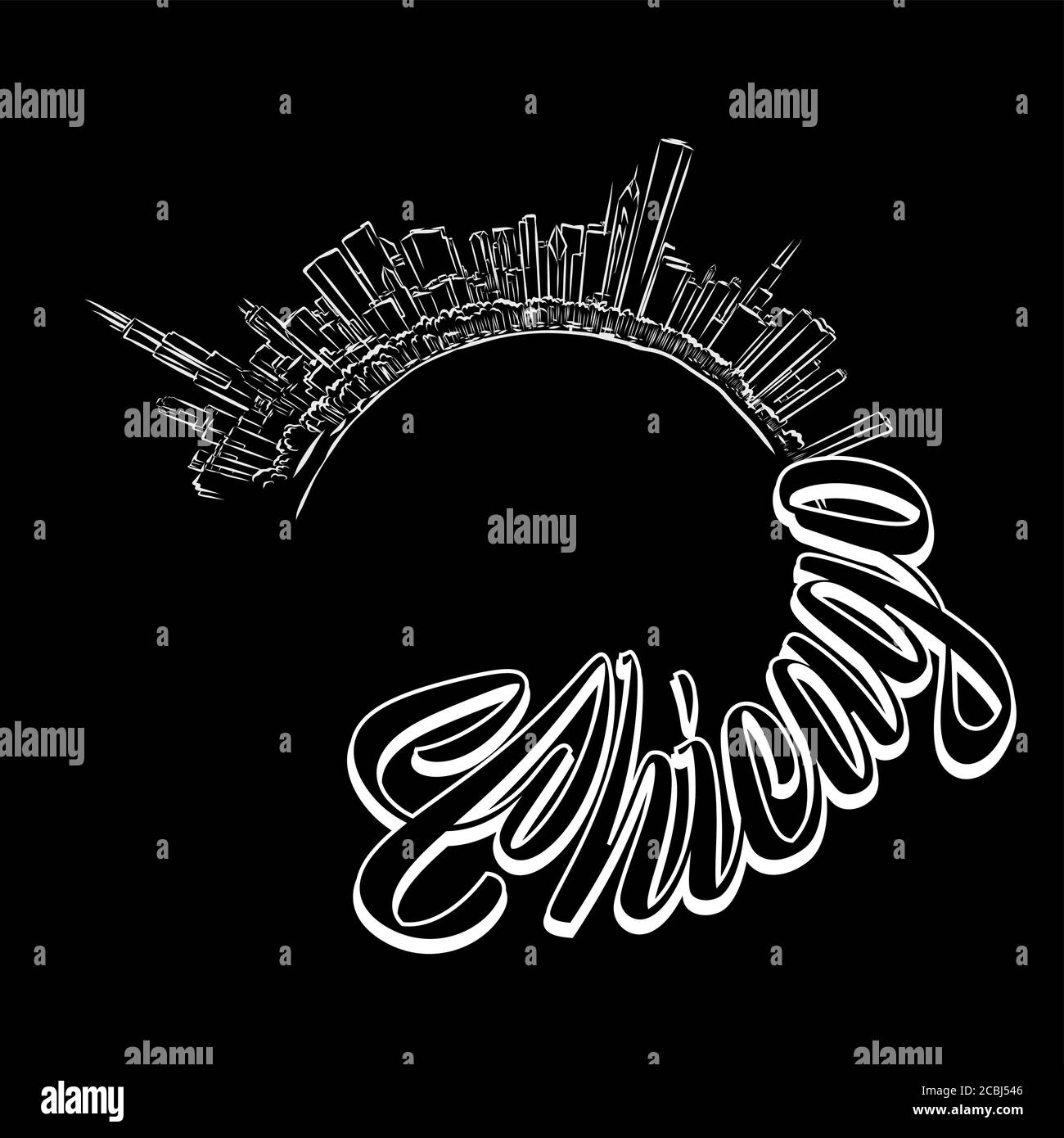 Chicago Skyline Zeichnung . Schwarz-weiß handgezeichnete Illustration. Symbolzeichen für Druck und Beschriftung. Stock Vektor