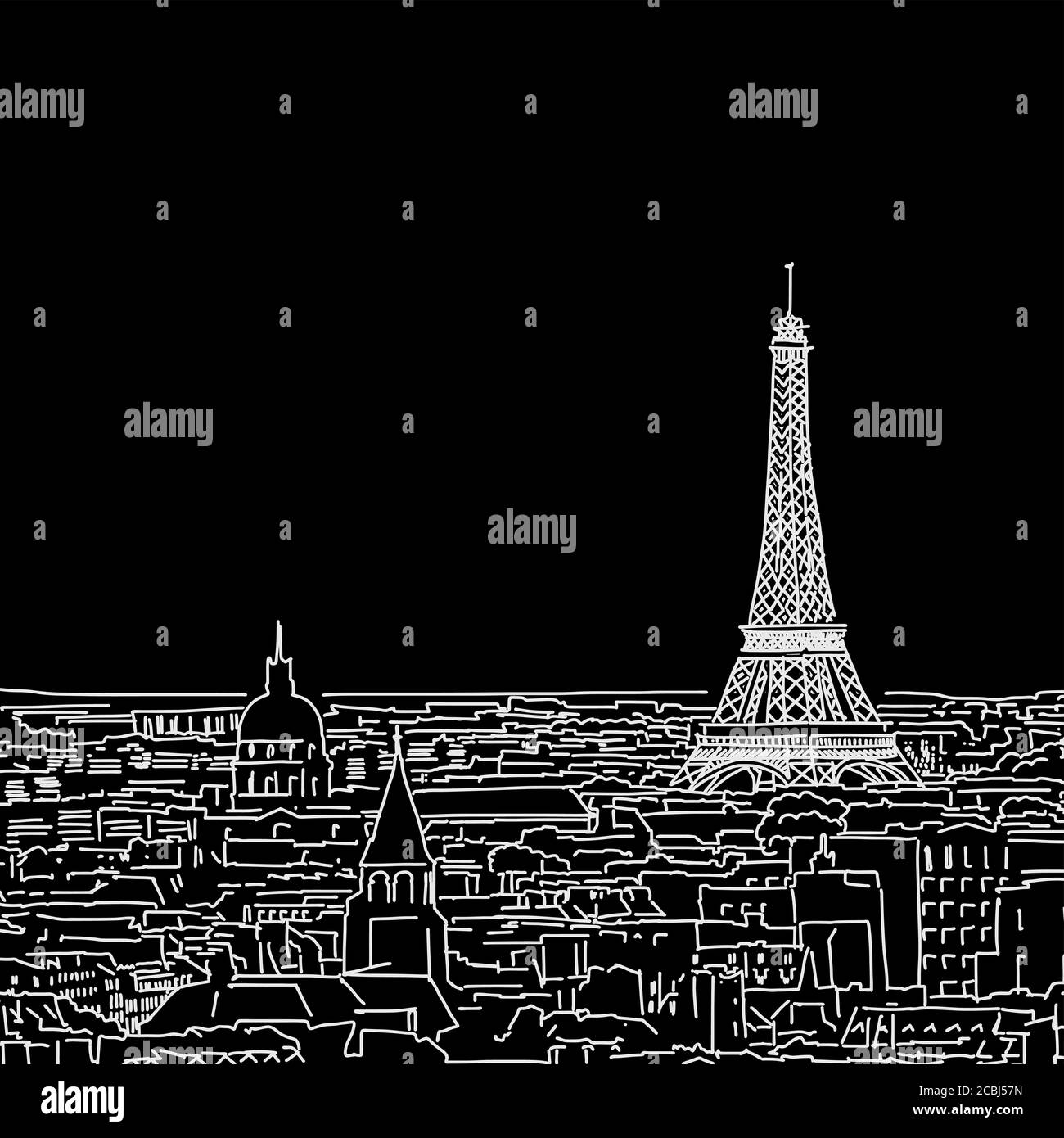 Paris Skyline Zeichnung . Schwarz-weiß handgezeichnete Illustration. Symbolzeichen für Druck und Beschriftung. Stock Vektor