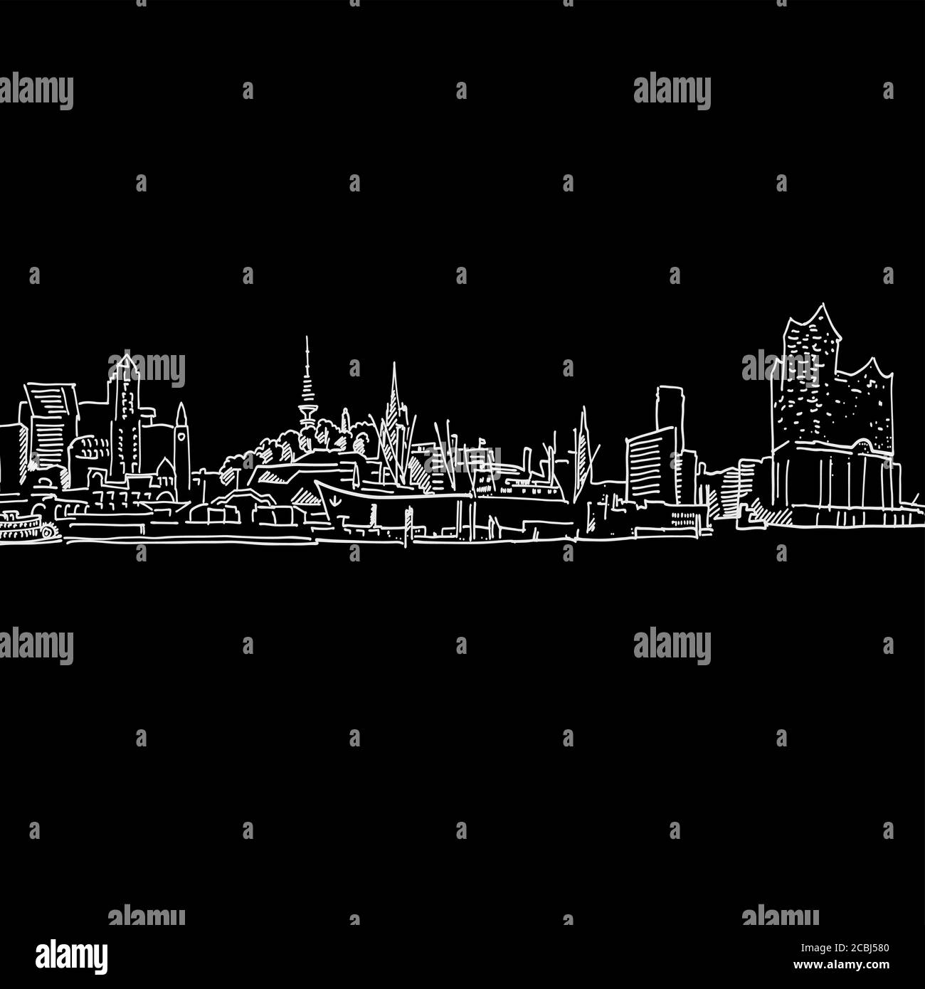 Hamburg Skyline Zeichnung . Schwarz-weiß handgezeichnete Illustration. Symbolzeichen für Druck und Beschriftung. Stock Vektor