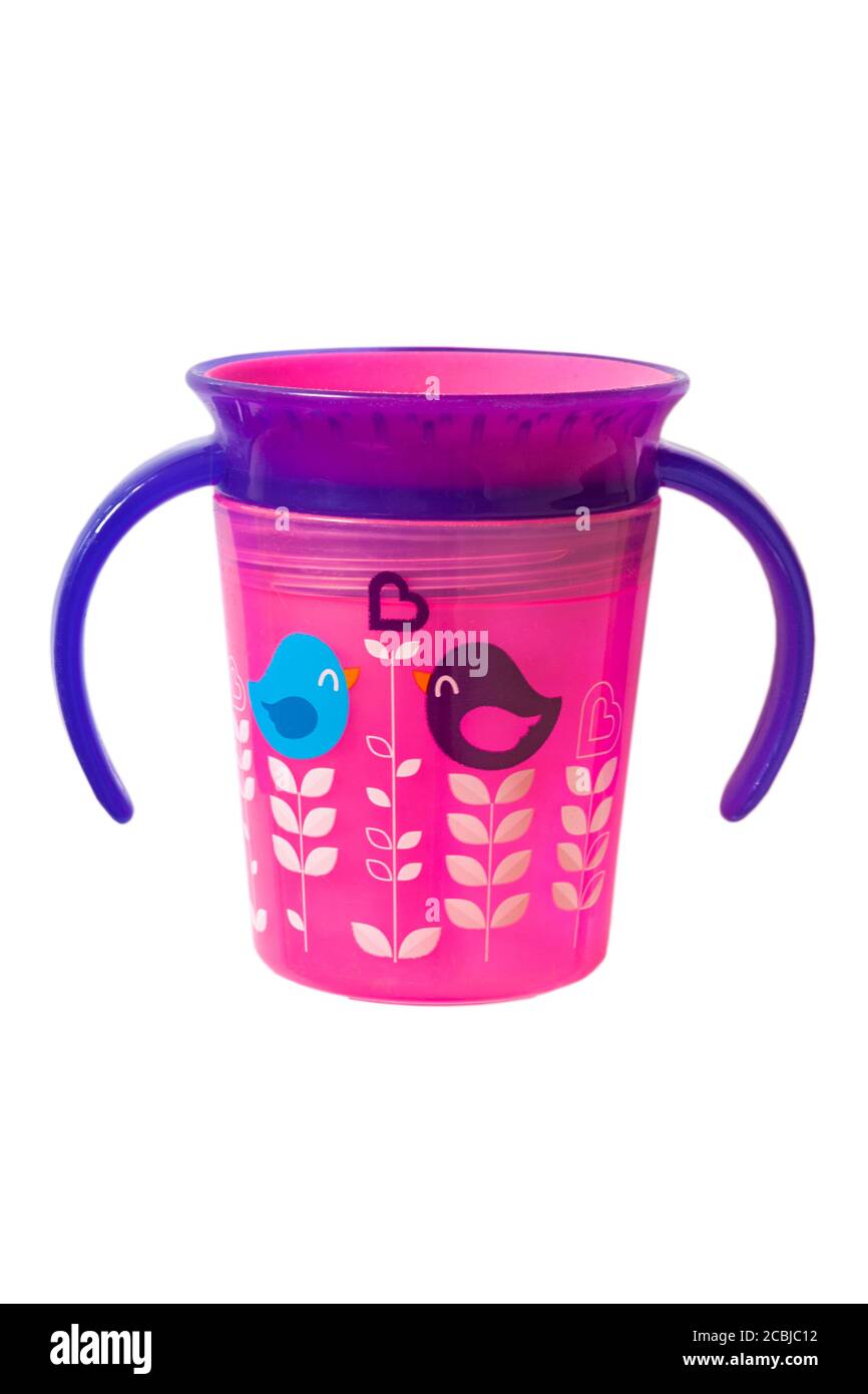 Munchkin rosa Vogel Trainer Tasse für Kleinkinder Babys Kleinkind Baby Isoliert auf weißem Hintergrund Stockfoto