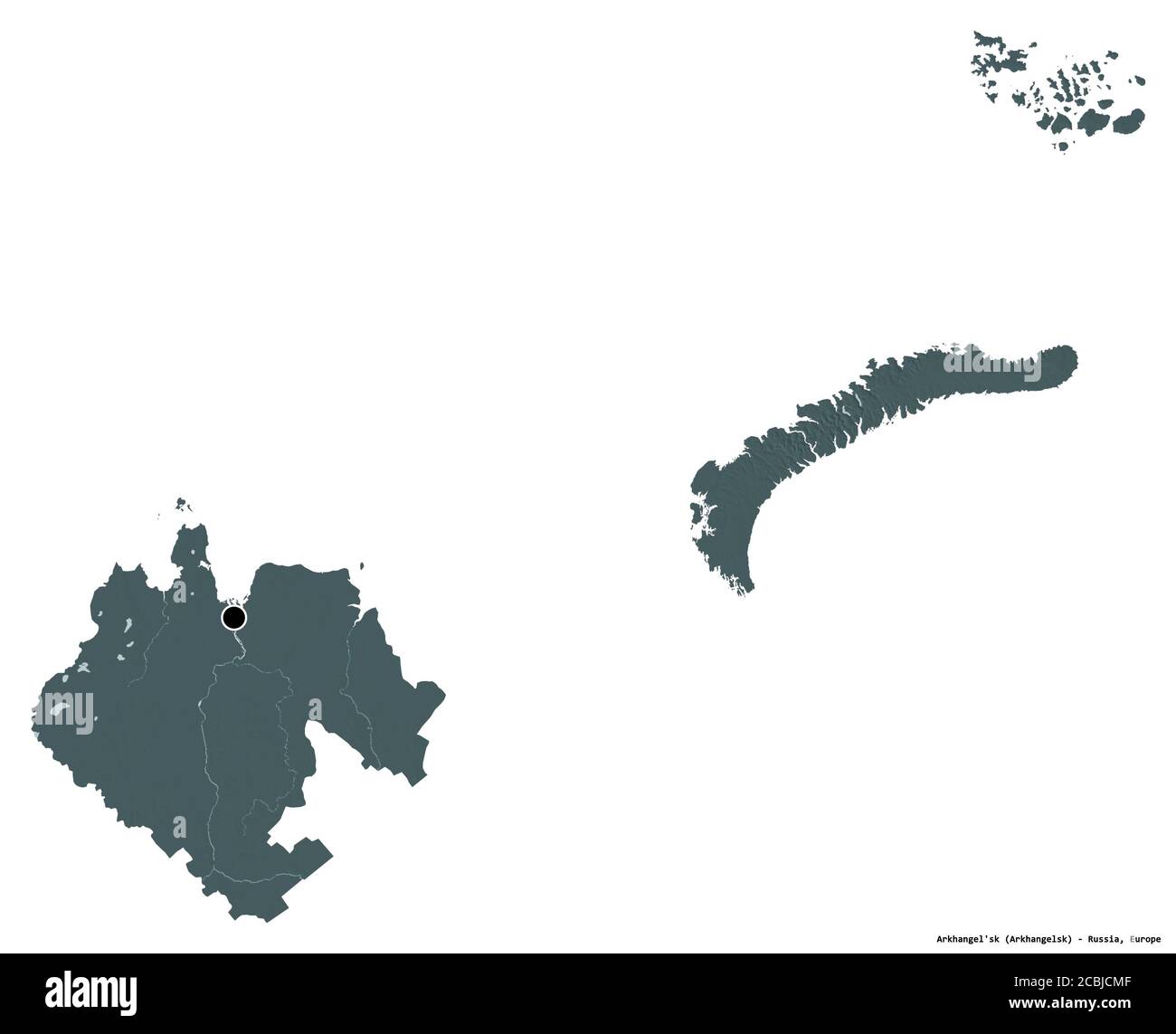 Form von Archangelsk'sk, Region von Russland, mit seiner Hauptstadt isoliert auf weißem Hintergrund. Farbige Höhenkarte. 3D-Rendering Stockfoto