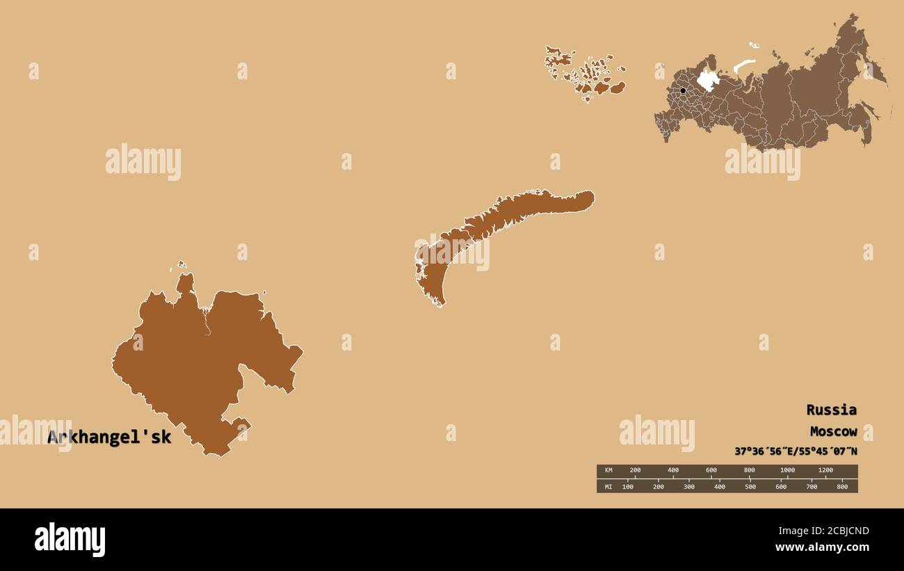 Form von Archangelsk'sk, Region von Russland, mit seiner Hauptstadt auf festem Hintergrund isoliert. Entfernungsskala, Regionenvorschau und Beschriftungen. Zusammensetzung von regu Stockfoto