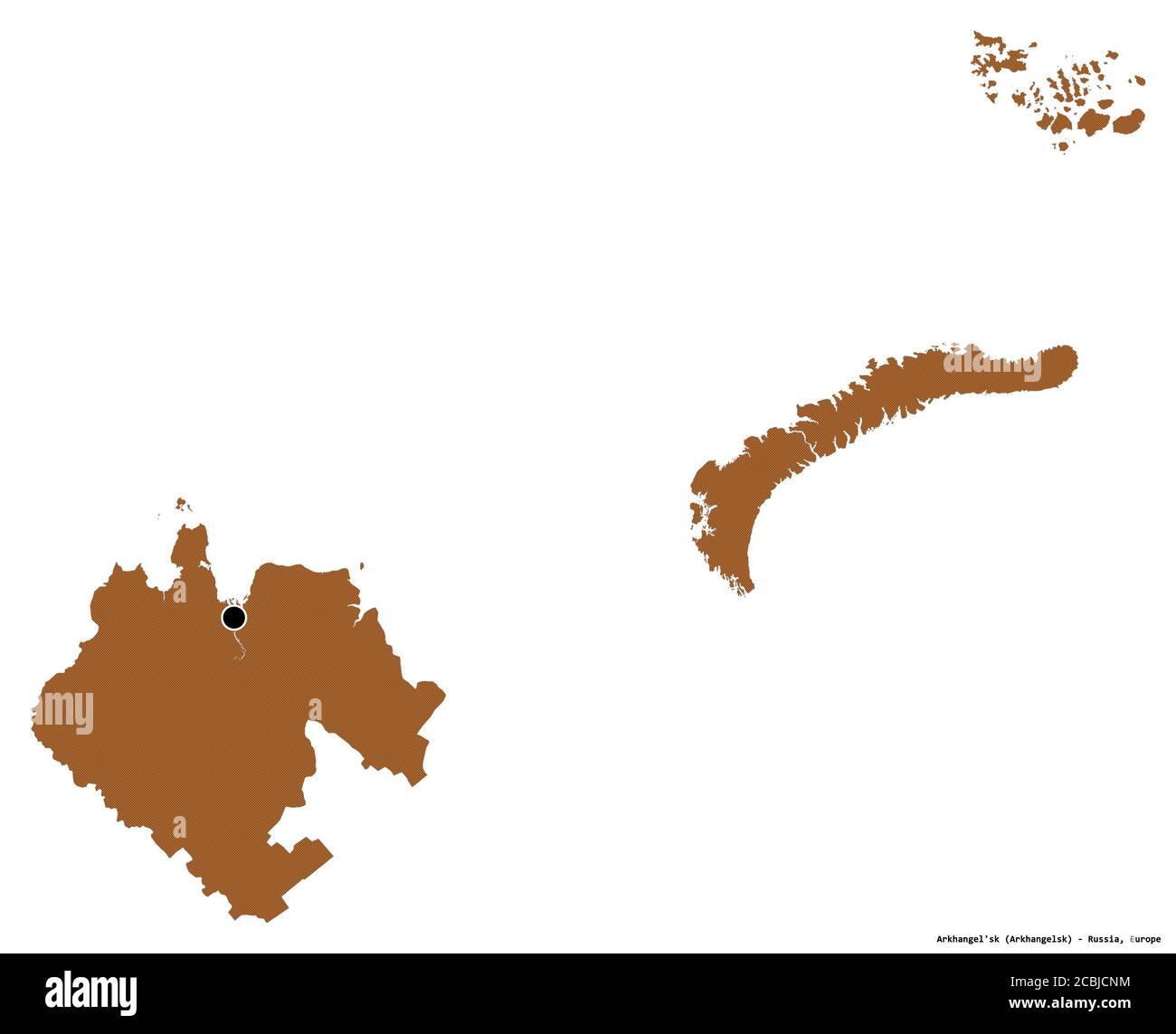 Form von Archangelsk'sk, Region von Russland, mit seiner Hauptstadt isoliert auf weißem Hintergrund. Komposition von gemusterten Texturen. 3D-Rendering Stockfoto