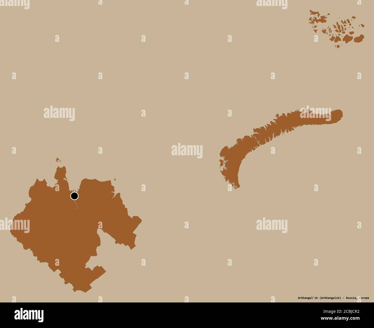 Form von Archangelsk'sk, Region von Russland, mit seiner Hauptstadt isoliert auf einem einfarbigen Hintergrund. Komposition von gemusterten Texturen. 3D-Rendering Stockfoto