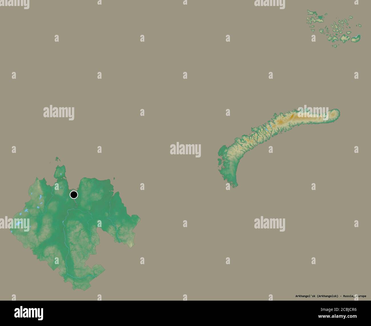 Form von Archangelsk'sk, Region von Russland, mit seiner Hauptstadt isoliert auf einem einfarbigen Hintergrund. Topografische Reliefkarte. 3D-Rendering Stockfoto