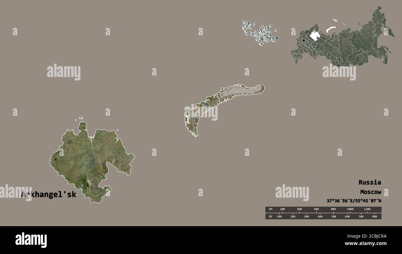 Form von Archangelsk'sk, Region von Russland, mit seiner Hauptstadt auf festem Hintergrund isoliert. Entfernungsskala, Regionenvorschau und Beschriftungen. Satellitenbilder. Stockfoto
