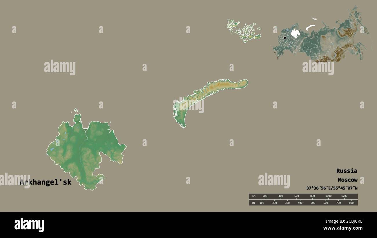 Form von Archangelsk'sk, Region von Russland, mit seiner Hauptstadt auf festem Hintergrund isoliert. Entfernungsskala, Regionenvorschau und Beschriftungen. Topografisches Relief Stockfoto