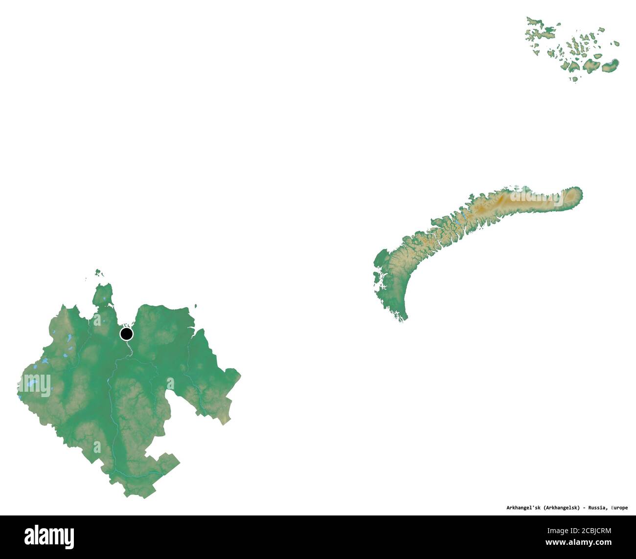 Form von Archangelsk'sk, Region von Russland, mit seiner Hauptstadt isoliert auf weißem Hintergrund. Topografische Reliefkarte. 3D-Rendering Stockfoto