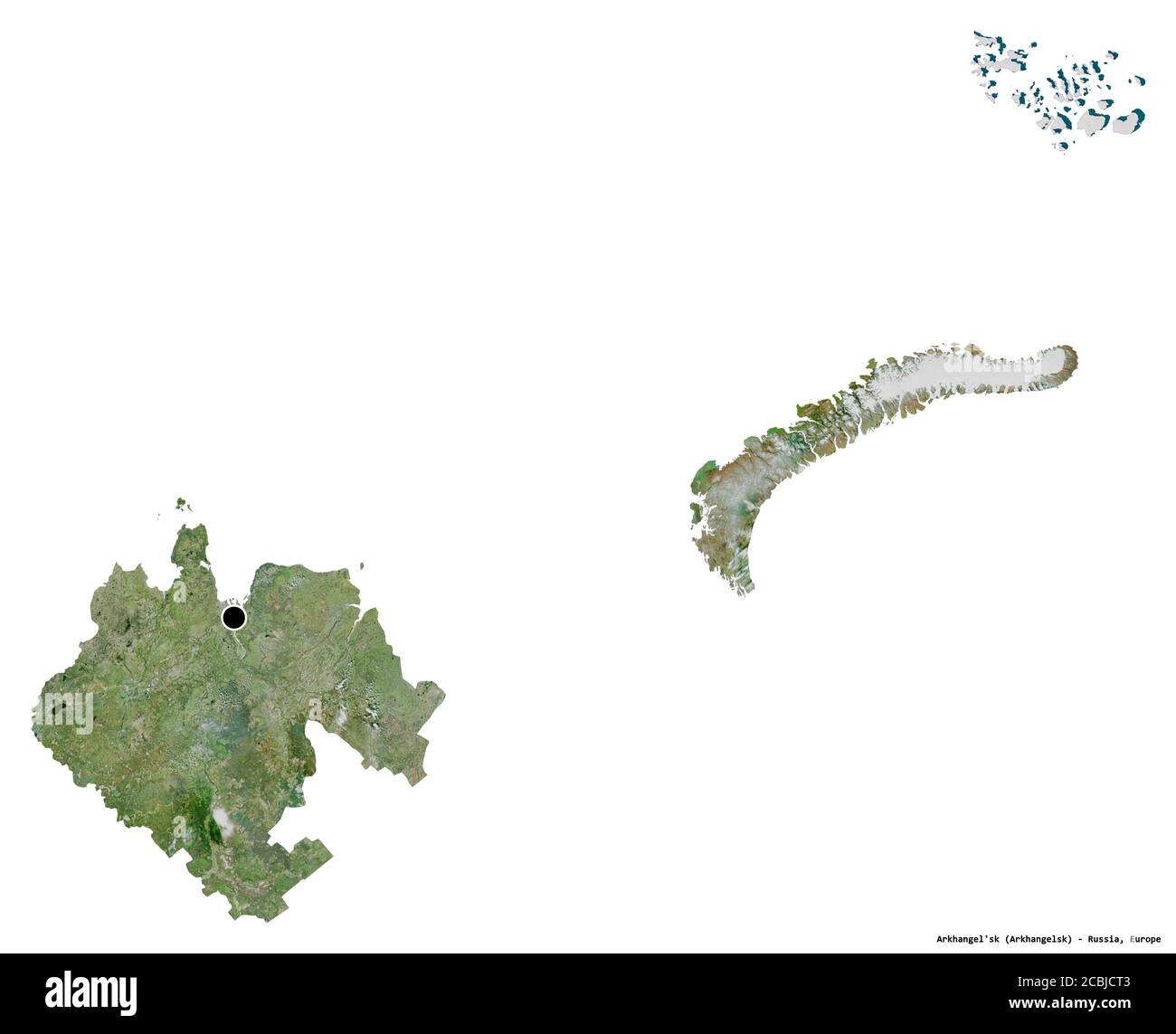 Form von Archangelsk'sk, Region von Russland, mit seiner Hauptstadt isoliert auf weißem Hintergrund. Satellitenbilder. 3D-Rendering Stockfoto
