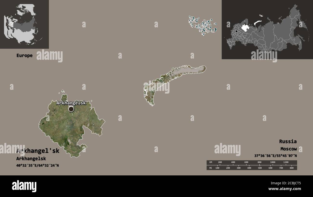 Gestalt des Archangels'sk, der Region Russlands, und seiner Hauptstadt. Entfernungsskala, Vorschauen und Beschriftungen. Satellitenbilder. 3D-Rendering Stockfoto