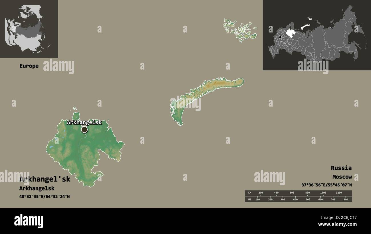 Gestalt des Archangels'sk, der Region Russlands, und seiner Hauptstadt. Entfernungsskala, Vorschauen und Beschriftungen. Topografische Reliefkarte. 3D-Rendering Stockfoto