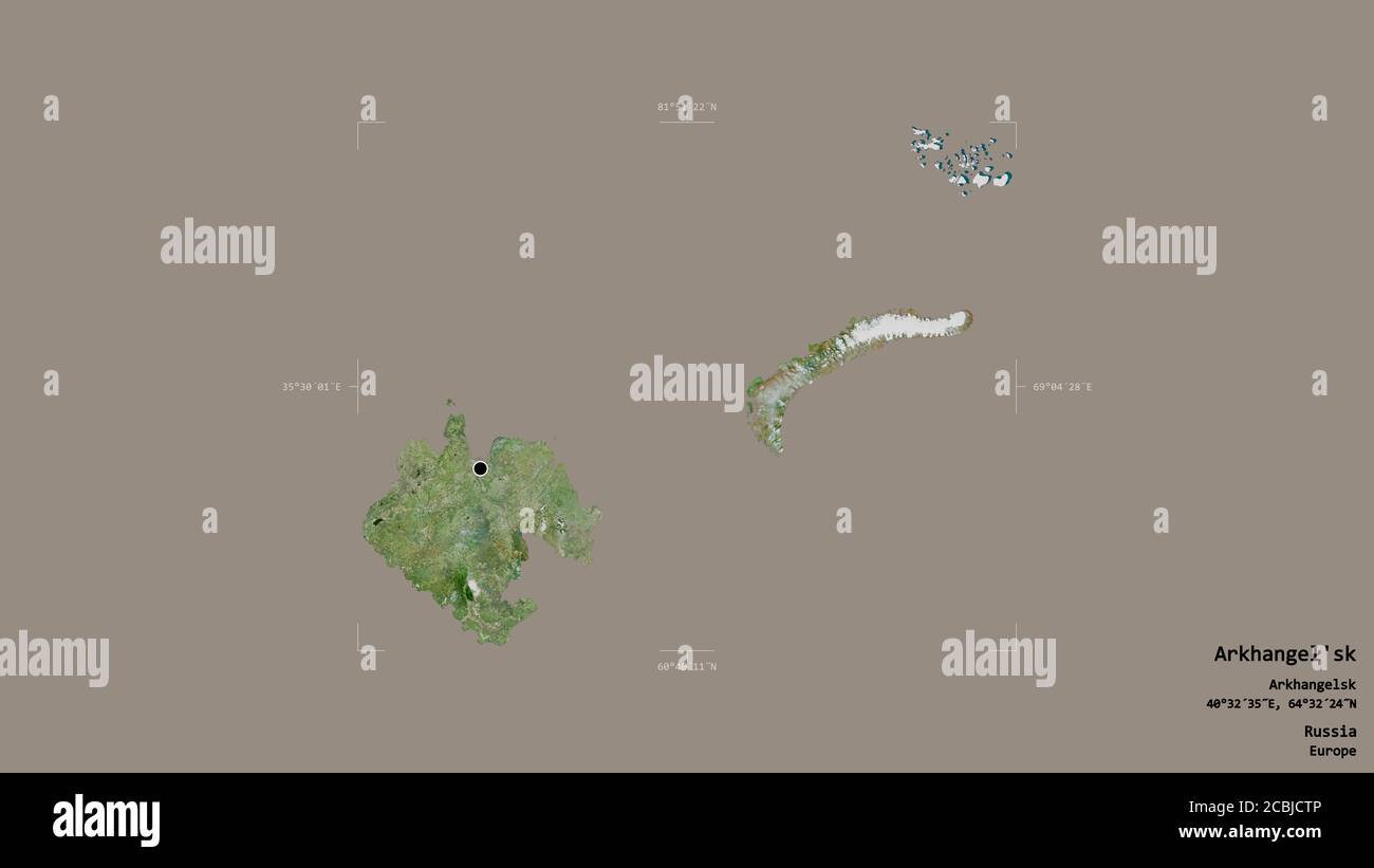 Das Gebiet Archangelsk'sk, die Region Russlands, isoliert auf einem soliden Hintergrund in einem georeferenzierten Begrenzungsrahmen. Beschriftungen. Satellitenbilder. 3D-Rendering Stockfoto