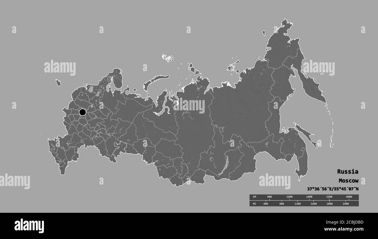 Entsättigte Form von Russland mit seiner Hauptstadt, der wichtigsten regionalen Teilung und dem abgetrennten Tscheljabinsk Gebiet. Beschriftungen. Höhenkarte mit zwei Ebenen. 3D-Rendering Stockfoto