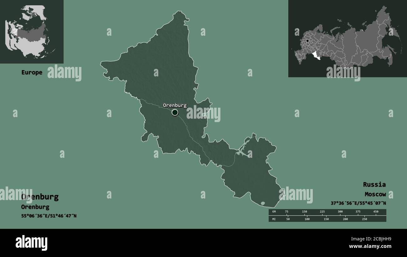 Form von Orenburg, Region von Russland, und seine Hauptstadt. Entfernungsskala, Vorschauen und Beschriftungen. Farbige Höhenkarte. 3D-Rendering Stockfoto