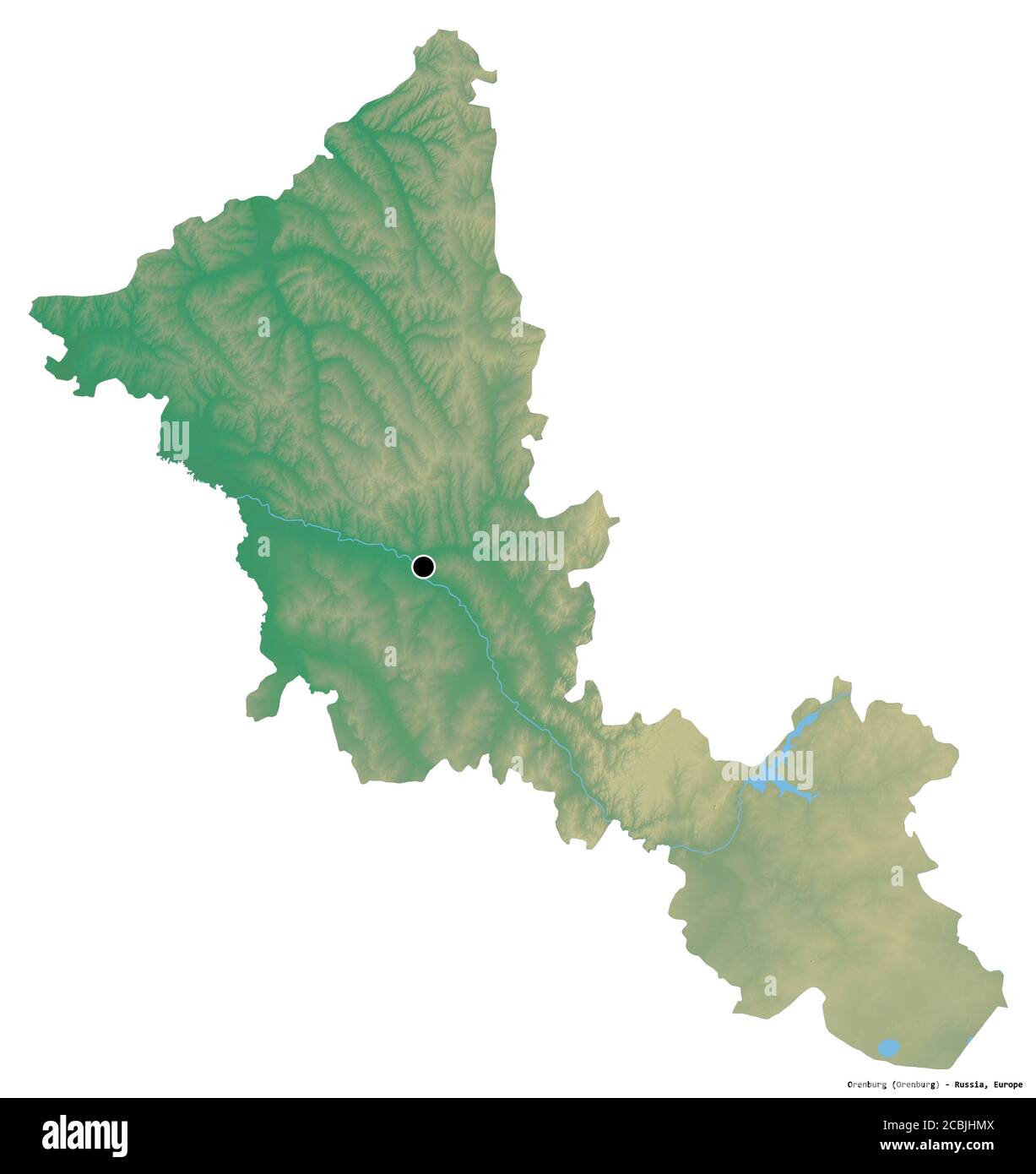 Form von Orenburg, Region von Russland, mit seiner Hauptstadt isoliert auf weißem Hintergrund. Topografische Reliefkarte. 3D-Rendering Stockfoto