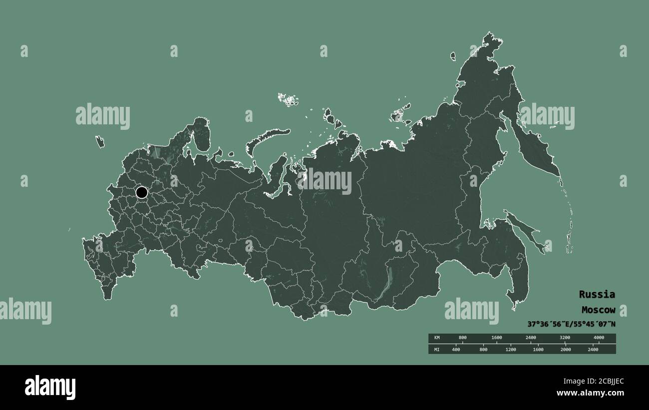 Entsättigte Form von Russland mit seiner Hauptstadt, der wichtigsten regionalen Teilung und dem abgetrennten Sachalin-Gebiet. Beschriftungen. Farbige Höhenkarte. 3D-Rendering Stockfoto