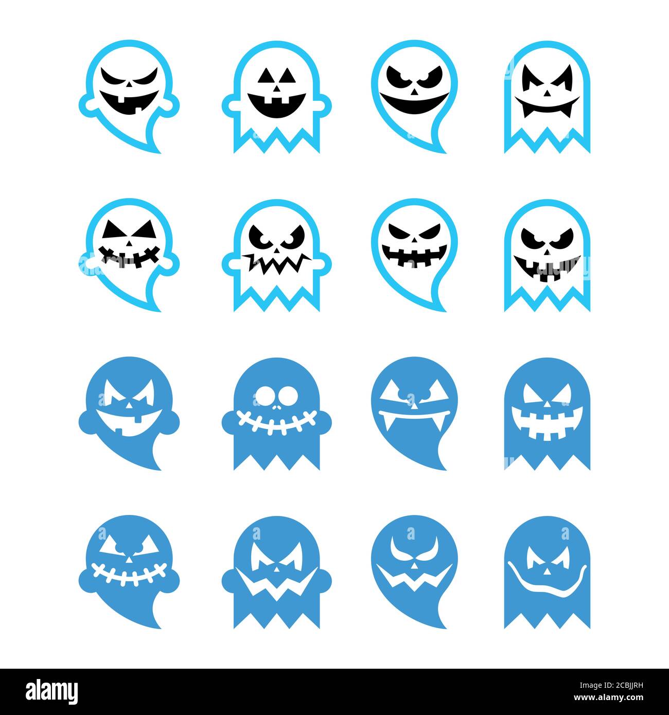 Halloween Grusel Geist Vektor schwarz Icons Set - lustig oder Scary Geister Design in blau Stock Vektor