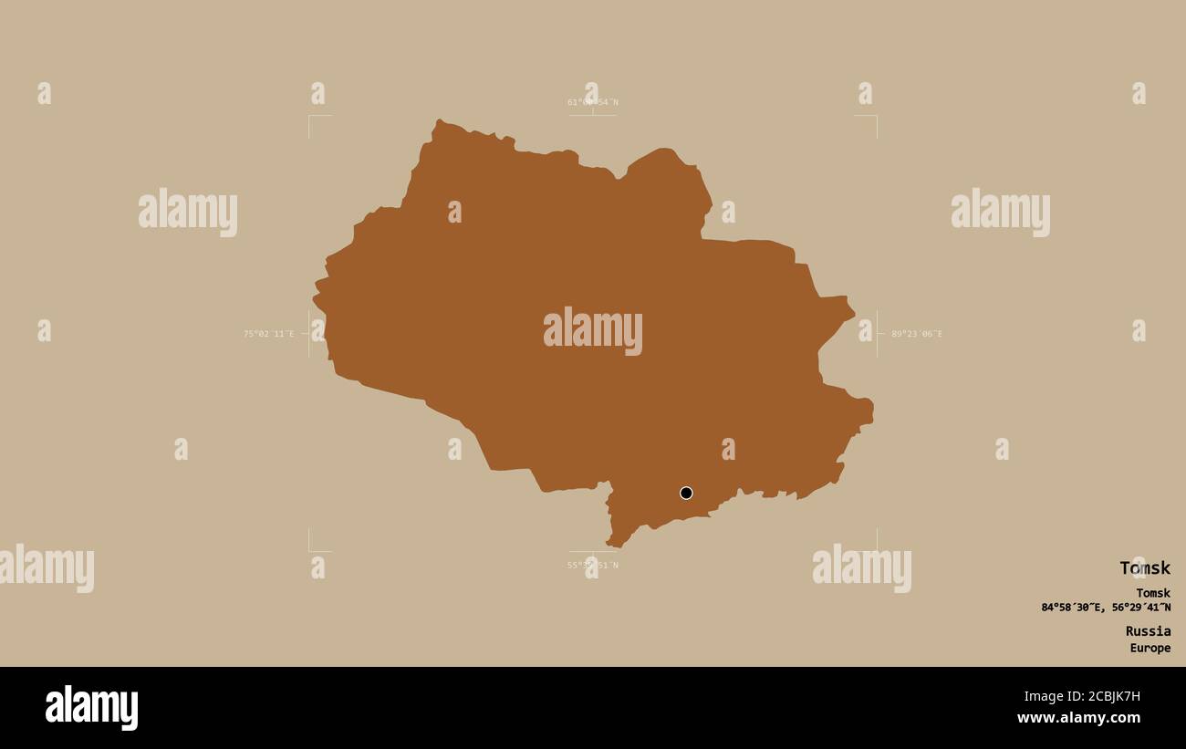 Gebiet von Tomsk, Region von Russland, isoliert auf einem soliden Hintergrund in einem georeferenzierten Begrenzungsrahmen. Beschriftungen. Komposition von gemusterten Texturen. 3D-Renderi Stockfoto