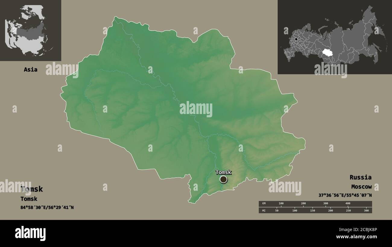 Form von Tomsk, Region von Russland, und seine Hauptstadt. Entfernungsskala, Vorschauen und Beschriftungen. Topografische Reliefkarte. 3D-Rendering Stockfoto