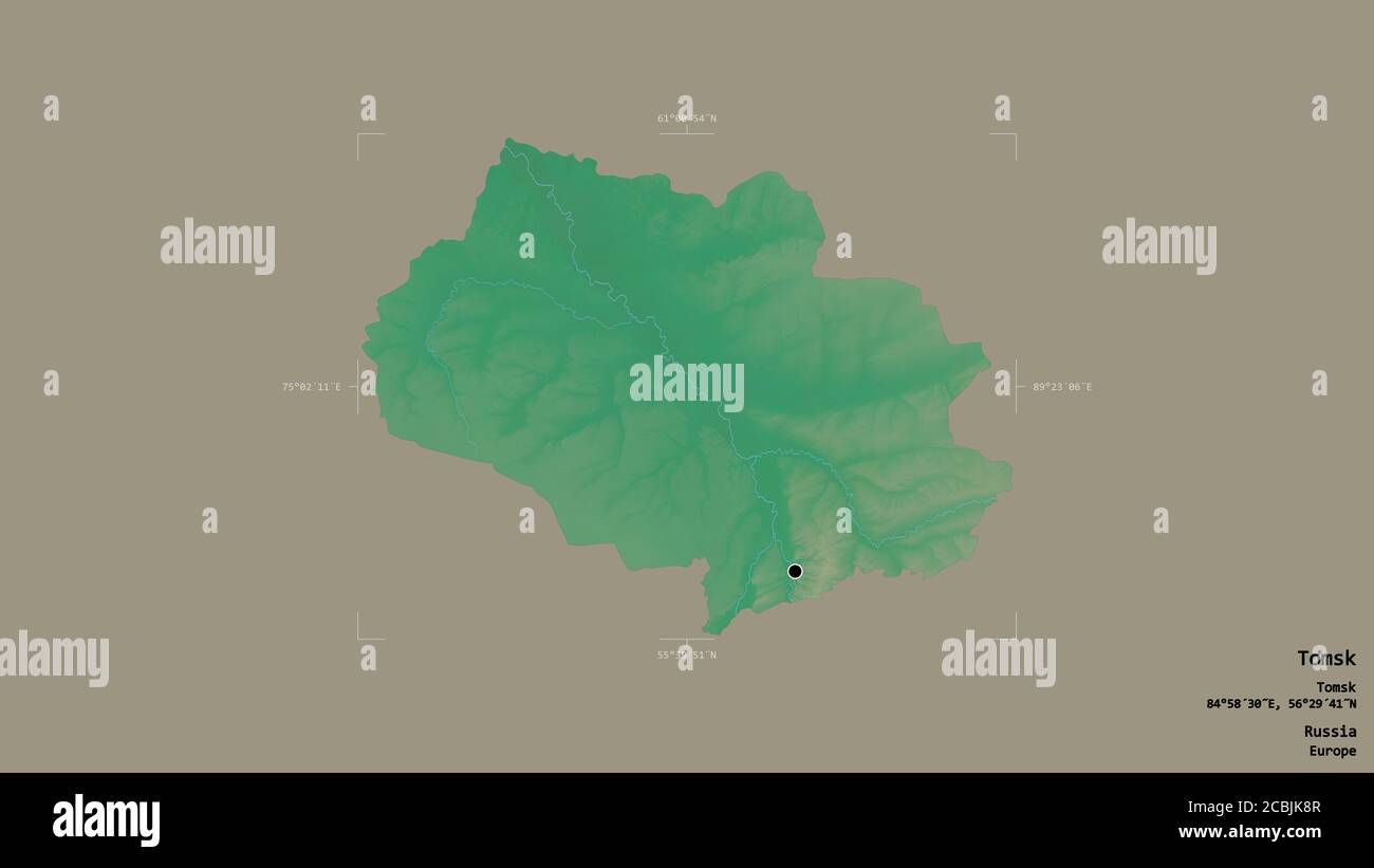 Gebiet von Tomsk, Region von Russland, isoliert auf einem soliden Hintergrund in einem georeferenzierten Begrenzungsrahmen. Beschriftungen. Topografische Reliefkarte. 3D-Rendering Stockfoto
