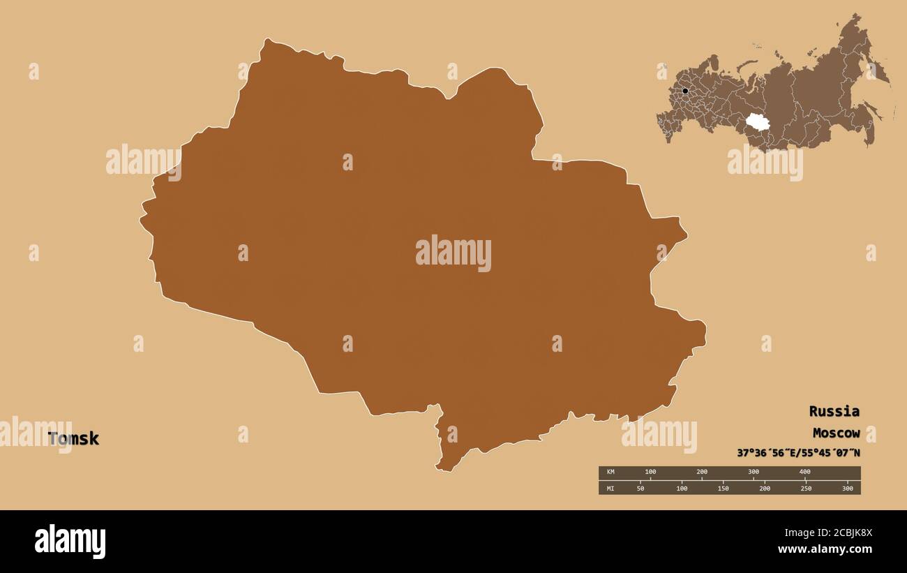 Form von Tomsk, Region von Russland, mit seiner Hauptstadt auf festem Hintergrund isoliert. Entfernungsskala, Regionenvorschau und Beschriftungen. Zusammensetzung der regelmäßig p Stockfoto