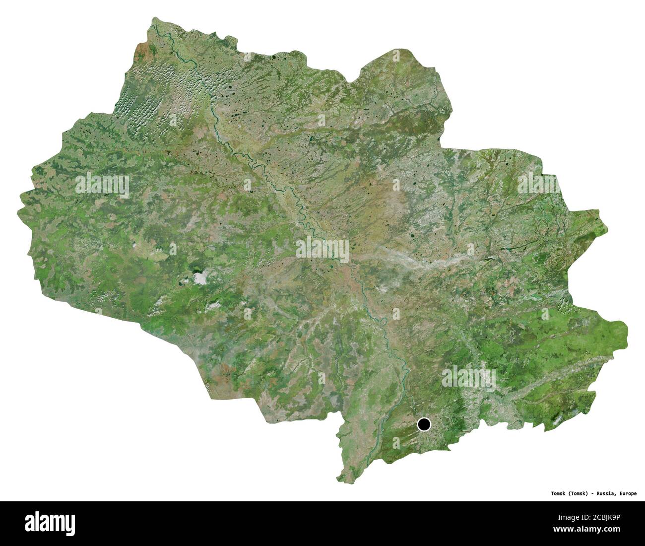 Form von Tomsk, Region von Russland, mit seiner Hauptstadt isoliert auf weißem Hintergrund. Satellitenbilder. 3D-Rendering Stockfoto